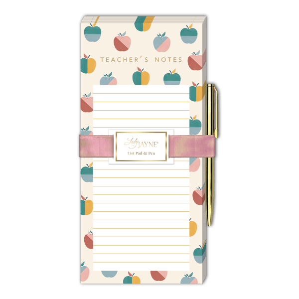 Teacher's notes notepad with a pen and apple pattern