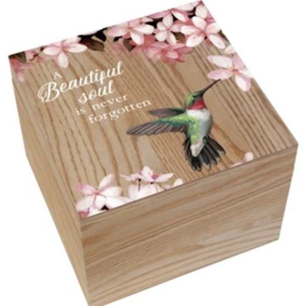 Wooden keepsake box with pink blossoms and a hummingbird design