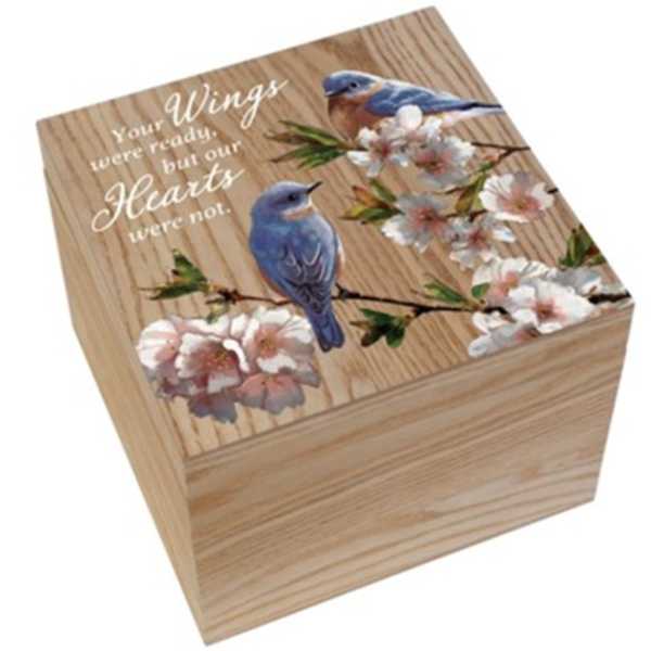 Wooden keepsake box with birds and blossoms on the lid