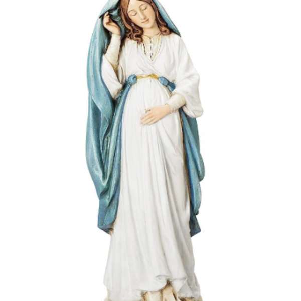 Statue of a robed woman in white and blue