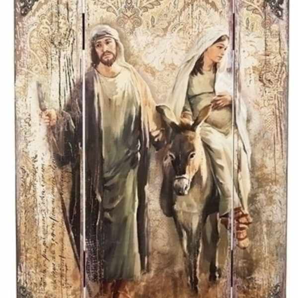 Decorative wall panel with a religious scene of two figures and a donkey