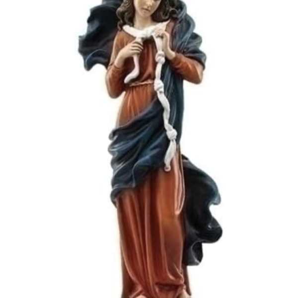 Religious statue of a woman holding a child on a white background