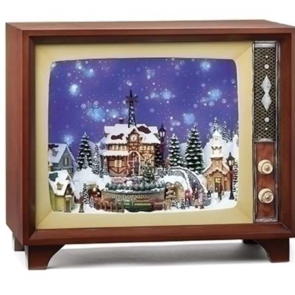 Vintage TV-shaped holiday display with a snowy village scene