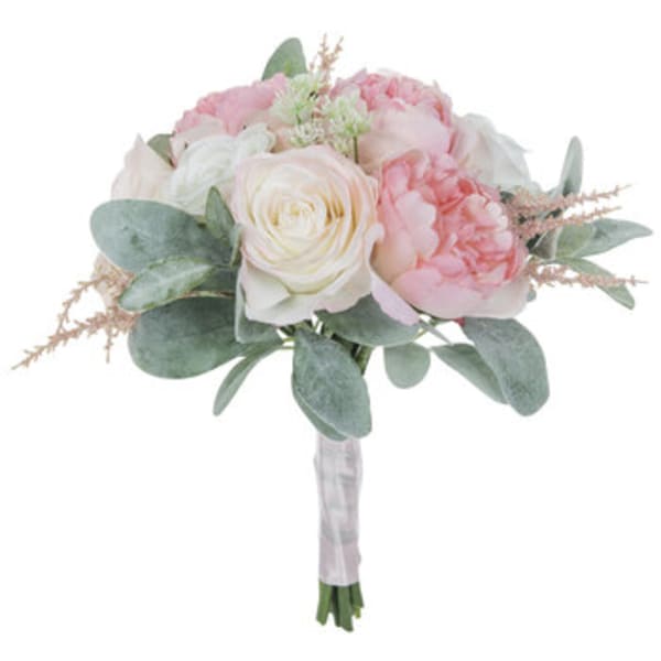 Bouquet of pale pink and white roses with eucalyptus