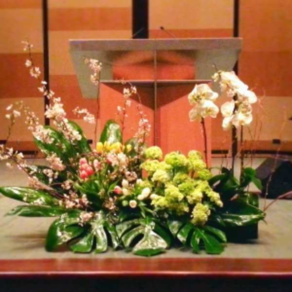Large green and white stage floral arrangement with orchids and hydrangeas in front of a podium