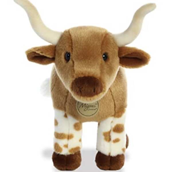 Plush longhorn cow toy with brown and white fur