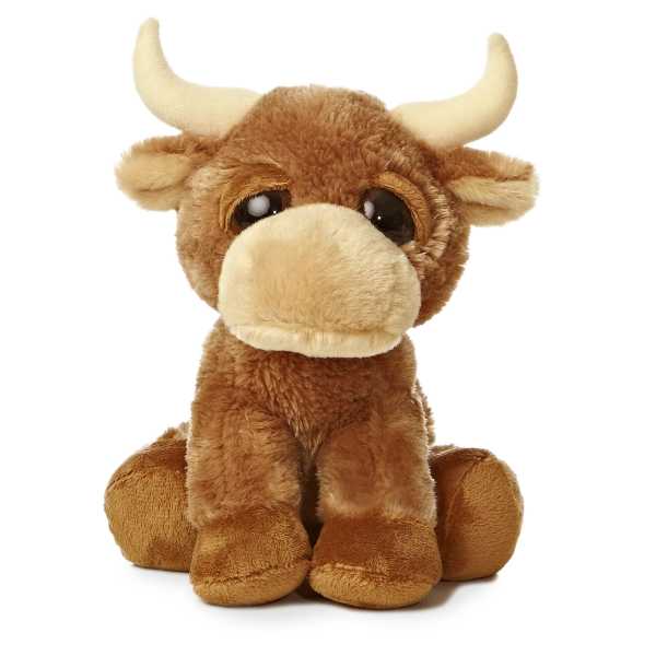 Brown plush bull with cream horns and snout sitting upright against a white background