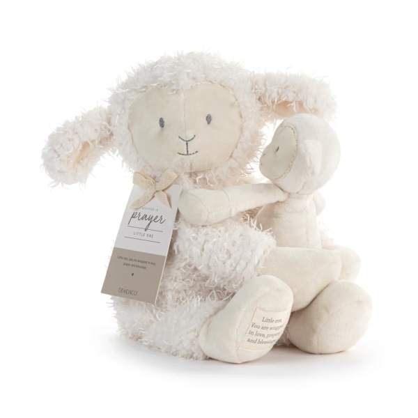 Two cream plush lamb toys with a prayer tag on a white background