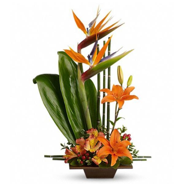 Tropical arrangement with birds of paradise and orange lilies in a low brown container
