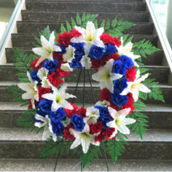 24" RED WHITE AND BLUE SILK WREATH ON EASEL