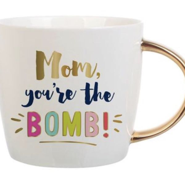 White mug with gold handle and colorful "Mom, you're the BOMB!" text