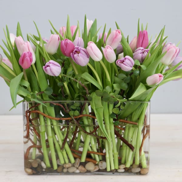 Pink and light purple tulips in a rectangular glass vase with stones and curly branches.