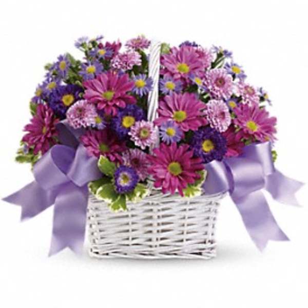 Basket arrangement of pink and purple daisies and asters with lavender ribbon bows