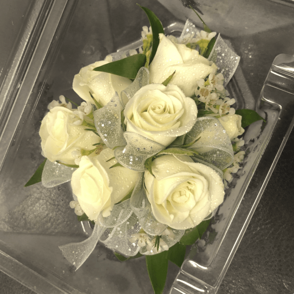 White rose bouquet with sheer ribbon in a clear plastic box