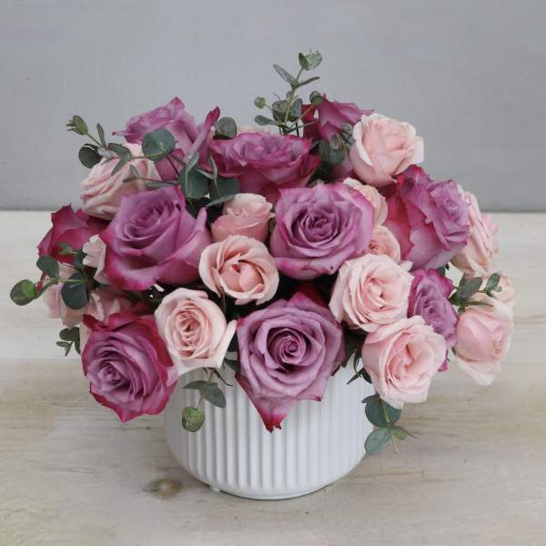 Compact arrangement of pink and purple roses in a white ribbed ceramic pot