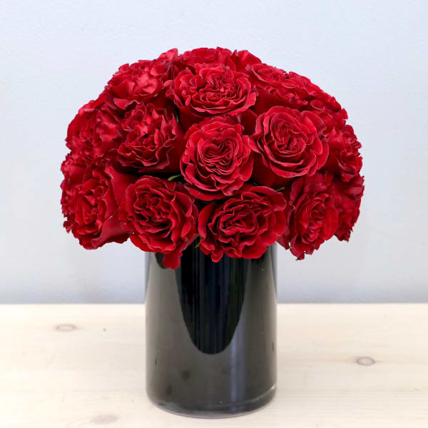 Compact arrangement of red roses in a glossy black cylinder vase