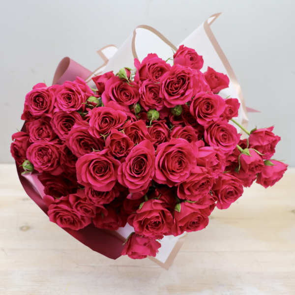 Large bouquet of bright pink roses wrapped in white and pink paper