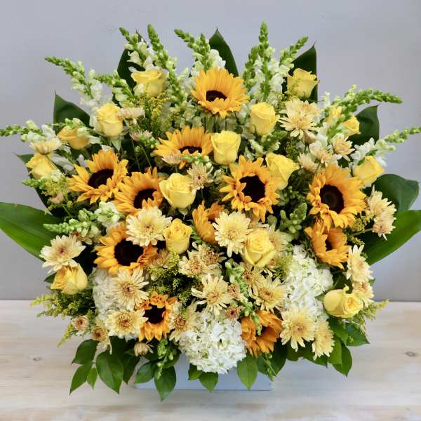 Large arrangement of yellow sunflowers, roses, and white blooms in a low white container