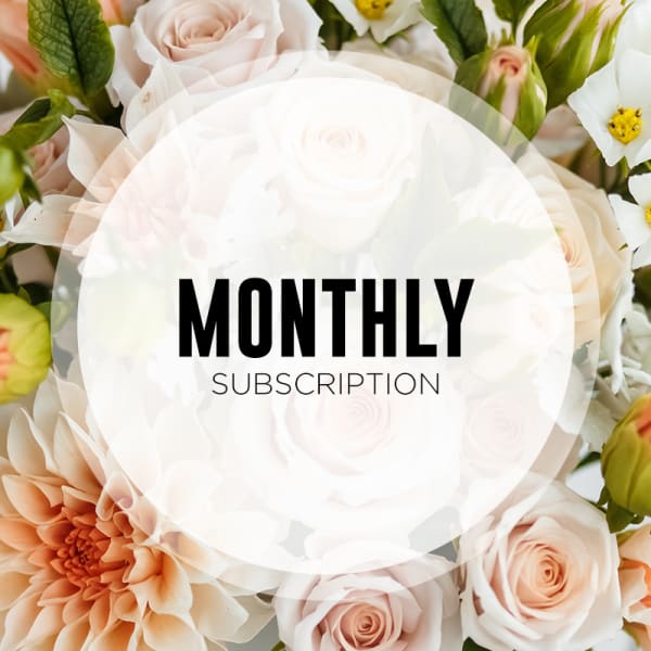 Peach and white flowers with monthly subscription text