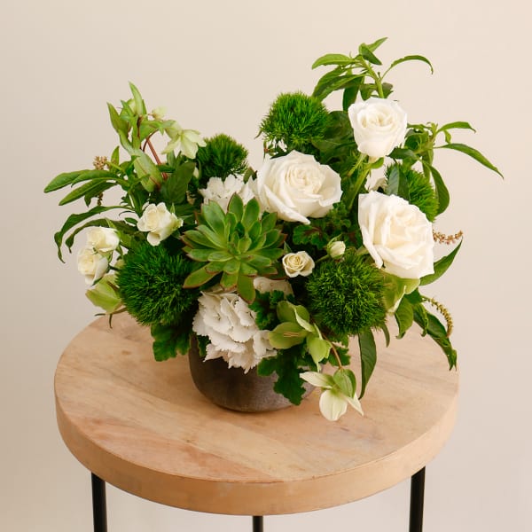 White roses and green pom-pom flowers in a dark vase