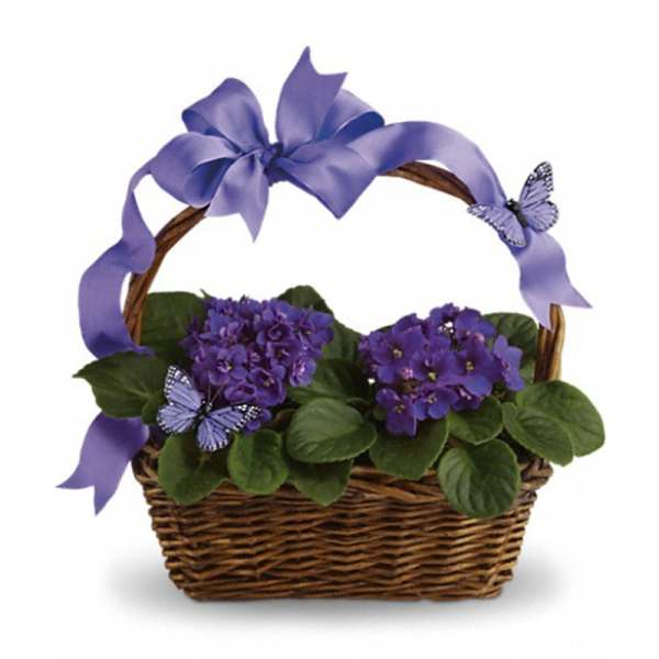 Purple flowers in a wicker basket with a lavender ribbon and butterfly accents