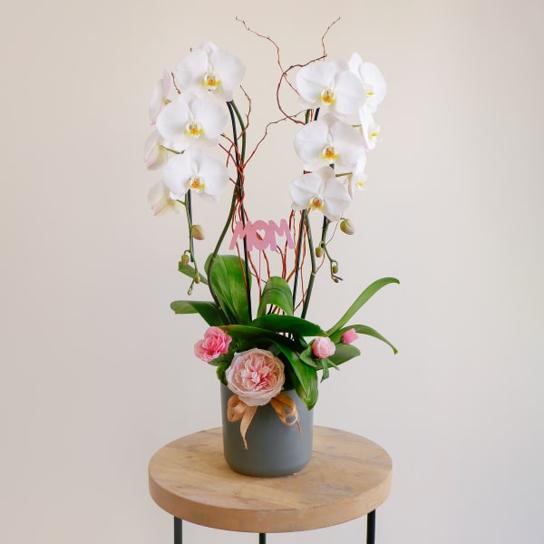White orchids in a gray vase with pink flowers and a MOM sign