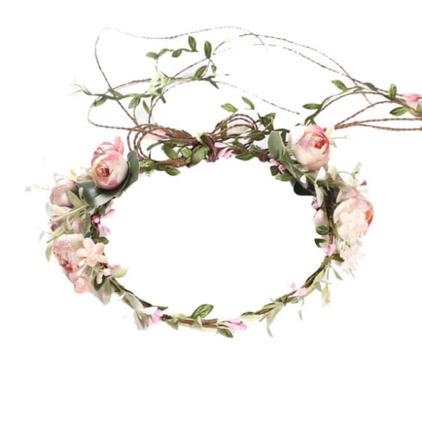 Floral crown with pink blossoms and greenery on a twig ring