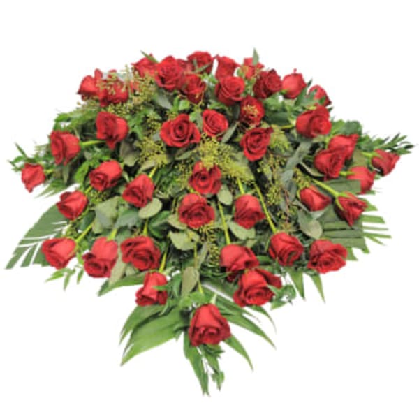 Large bouquet of red roses with greenery