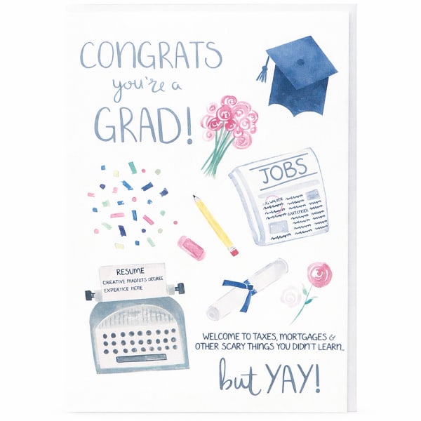 Graduation greeting card with cap, bouquet, confetti, and job-themed illustrations.