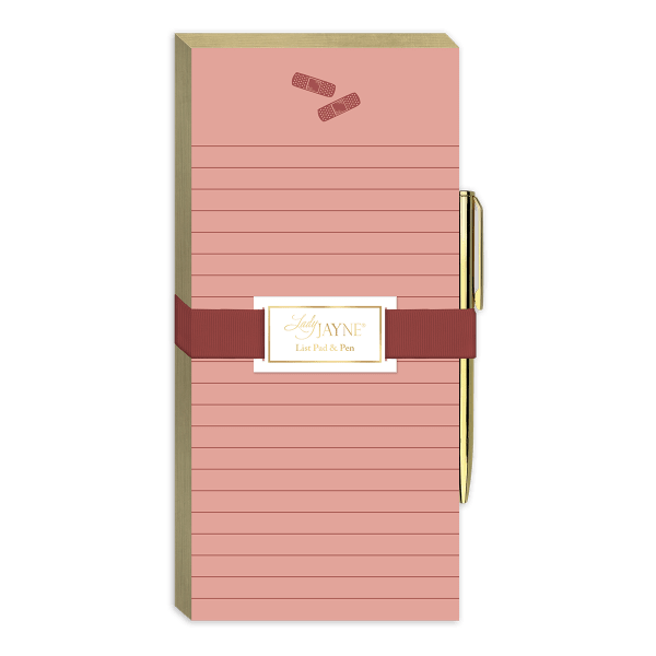 Pink lined list pad with a pen and ribbon band