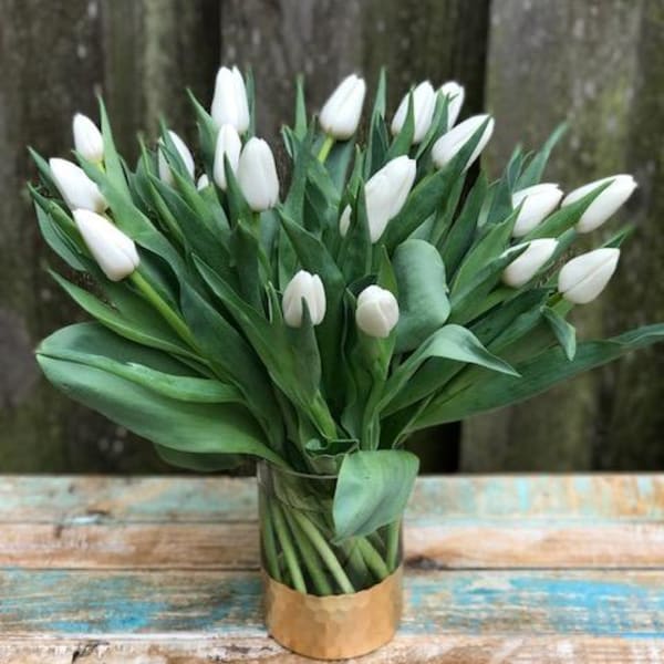 White tulips arranged in a clear glass vase with a gold wrap