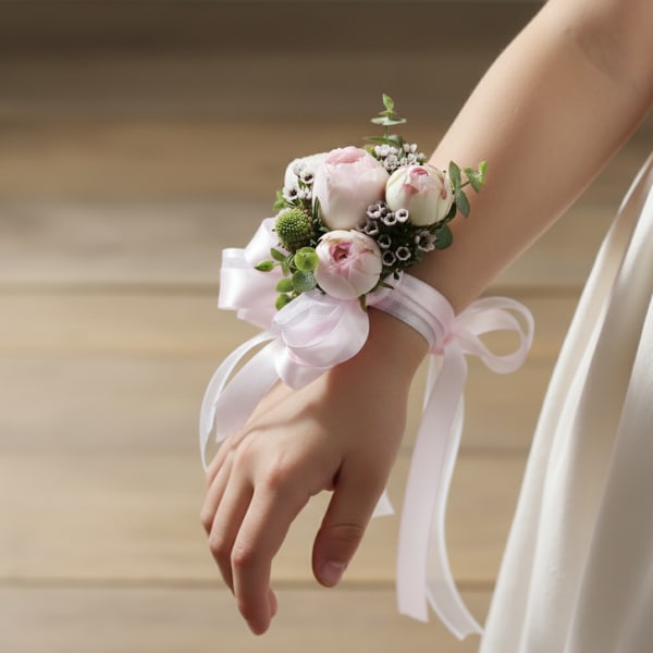 Pale pink rosebud wrist corsage with white filler flowers on a pink ribbon.