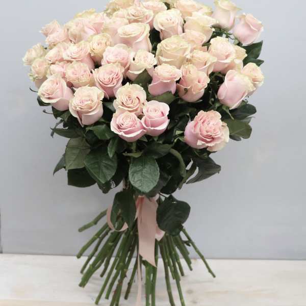 Large hand-tied bouquet of pale pink roses with long stems and a pink ribbon