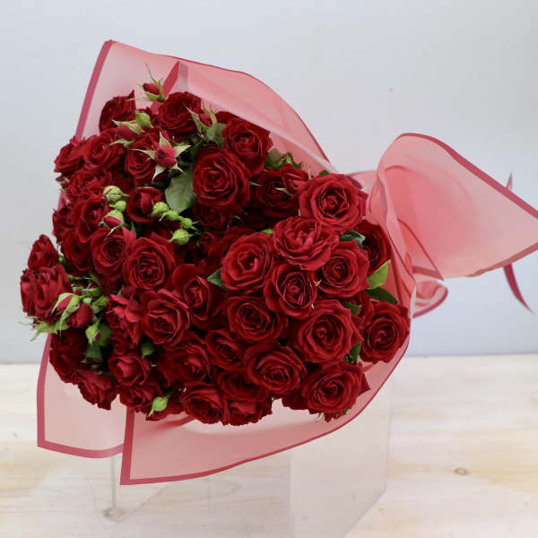 Large bouquet of red roses wrapped in pink translucent paper with a bow.