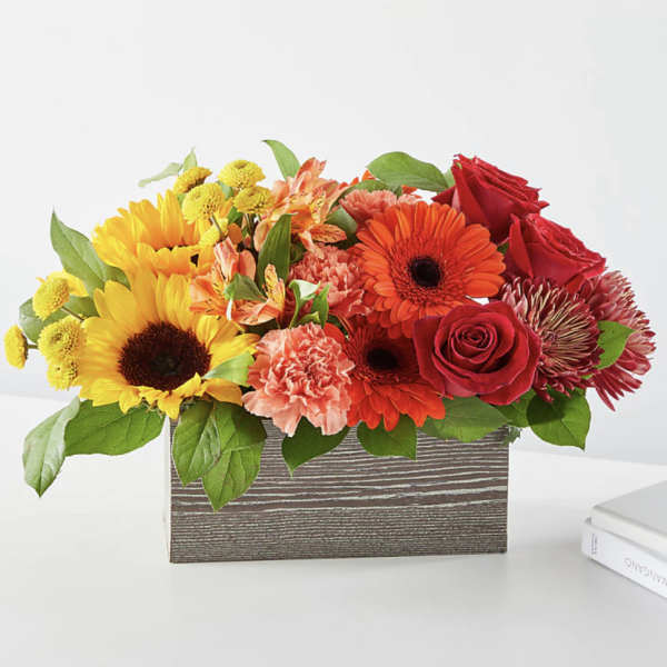 Mixed bouquet of sunflowers, roses, gerbera daisies, and carnations in a rectangular box