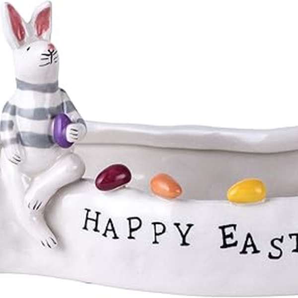 Ceramic Easter planter with a bunny and colorful eggs