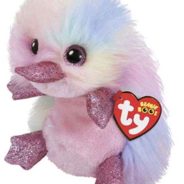 Pastel plush duck with glittery pink feet and a Ty heart tag