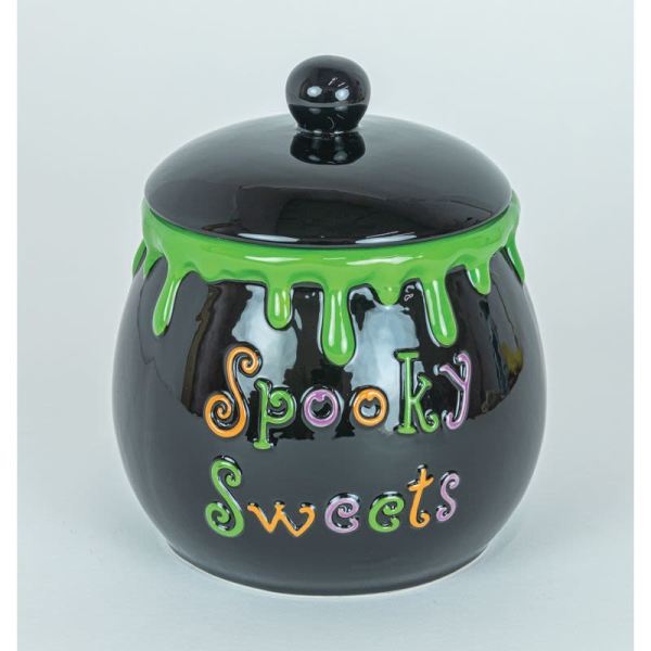 Black candy jar with green slime drips and "Spooky Sweets" text