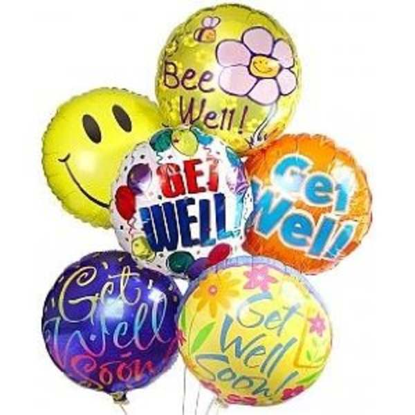 Cluster of colorful get-well balloons with cheerful messages