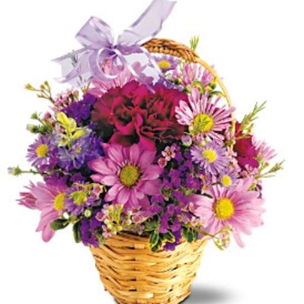 Basket of pink and purple daisies with a lavender ribbon bow
