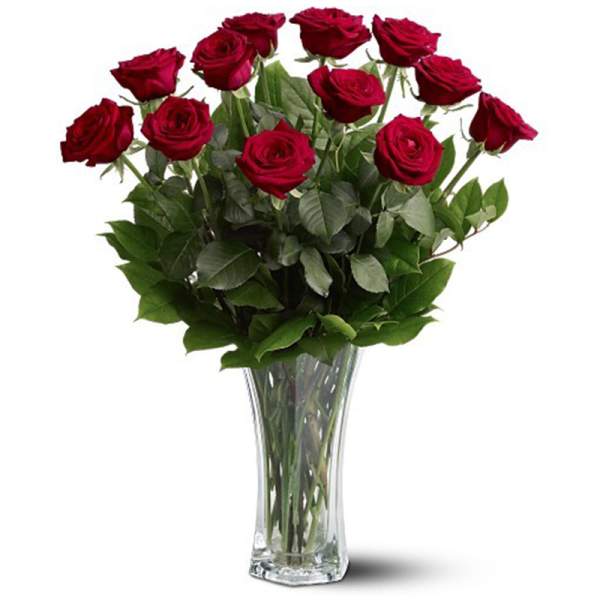 Red roses arranged in a clear glass vase