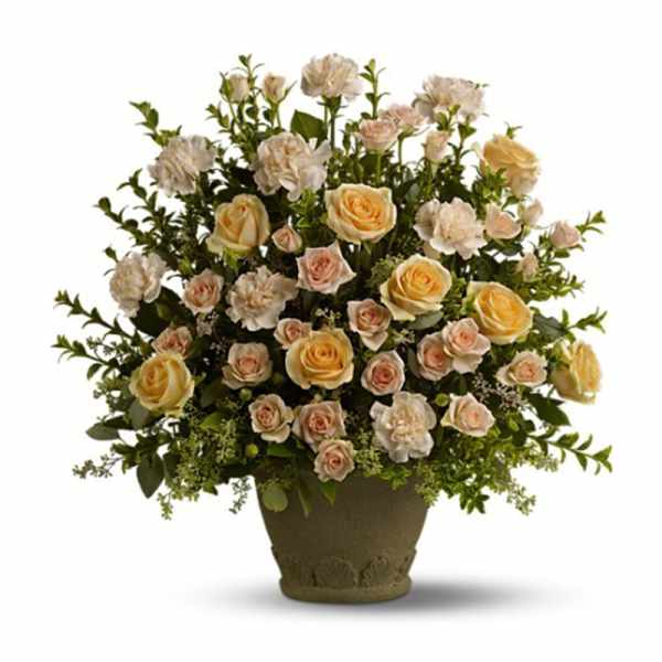 Large fan-shaped arrangement of peach and cream roses and carnations in a stone pot