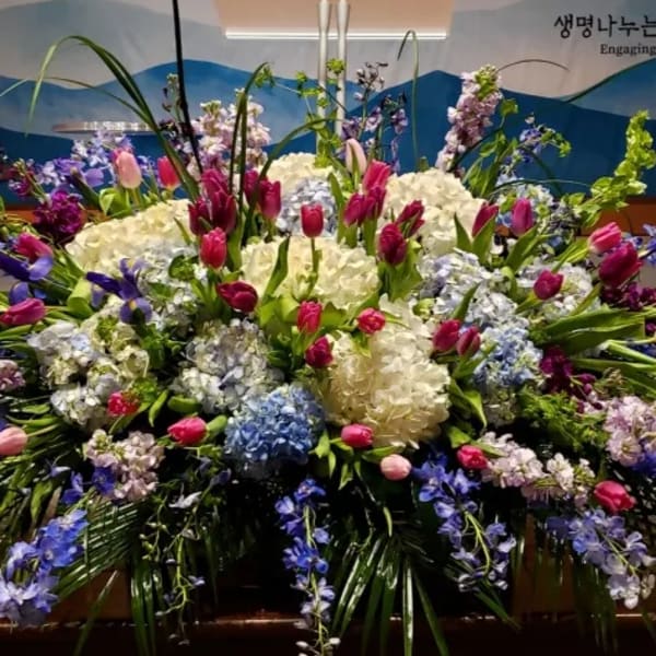 Large altar spray with white and blue hydrangeas, pink tulips, blue delphinium and green bells of Ireland