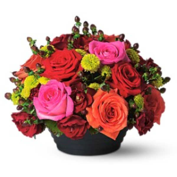 Bouquet of red, pink, and orange roses in a black container
