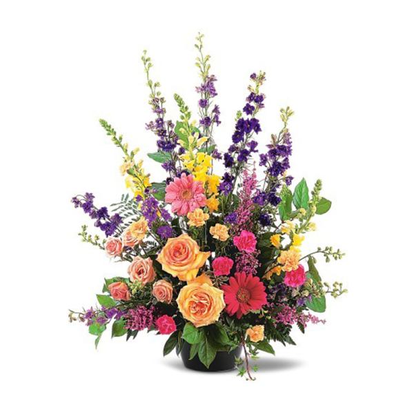 Tall mixed arrangement with orange roses, pink gerberas, yellow snapdragons, and purple delphinium in a black pot