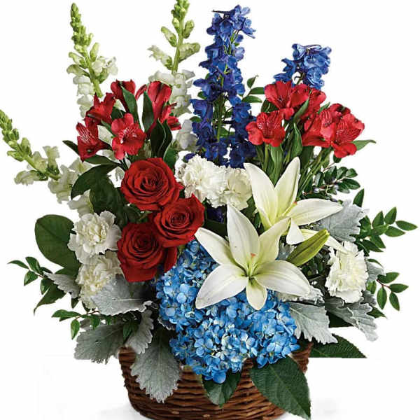 Red, white, and blue flower basket with roses, lilies, carnations, hydrangea, snapdragons, and delphinium