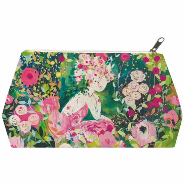 Floral-print zip pouch with pink and green botanical artwork