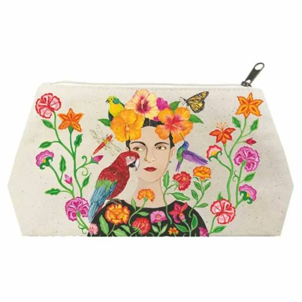 Floral-print zippered pouch with a Frida Kahlo portrait and birds