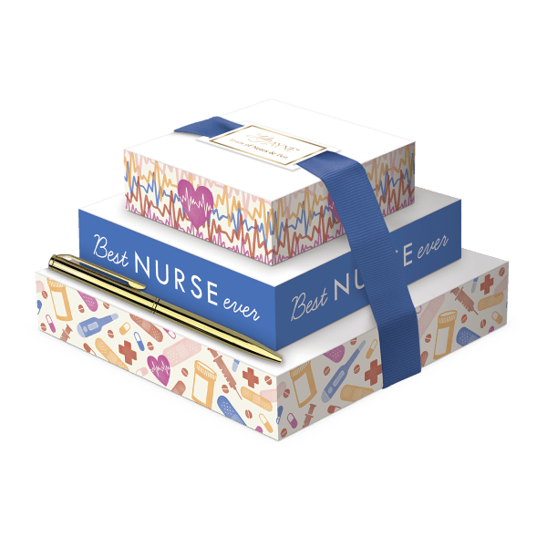 Stacked nurse-themed gift boxes with a ribbon and pen