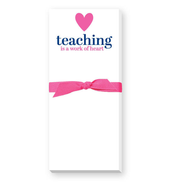 White gift box with a pink heart and teaching message, tied with a pink ribbon